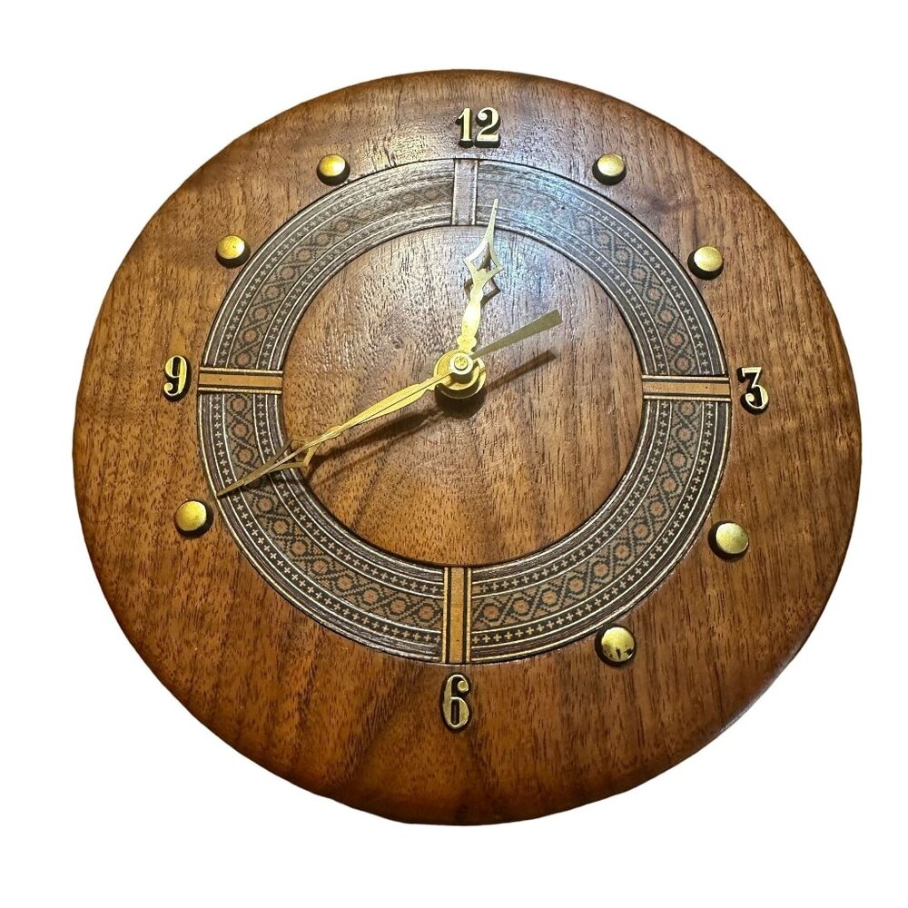 Vintage Handcrafted Wooden Wall Clock With Brass Accents - 12 Inch Round READ